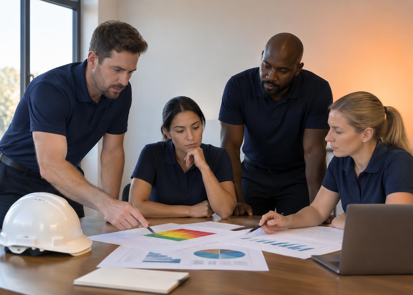 Equipe técnica de gestão ocupacional analisando indicadores e documentos de segurança do trabalho